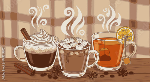 Three steaming mugs of hot beverages, including coffee with whipped cream, hot chocolate with marshmallows, and tea with lemon, on a cozy brown background.