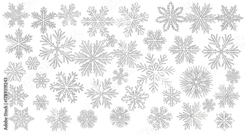 A collection of intricate white and silver glitter snowflakes with various unique patterns, perfect for winter and holiday designs.