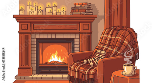 Cozy living room scene with a fireplace, armchair, and warm ambiance.