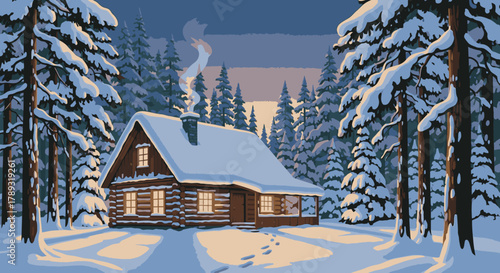Winter cabin in the woods with snow covered trees and smoke rising from chimney.