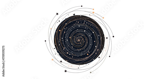 Artistic illustration of a mysterious celestial sphere, depicting a spiraling galaxy with glowing stars and orbiting cosmic elements on a white background.