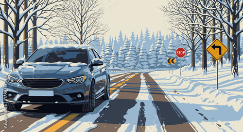 A dark blue car drives on a snowy road lined with trees and road signs under a bright winter sky.