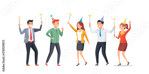 Happy office people with sparklers in hands celebrating New Year. Group of cartoon friends at party, festive corporate scene flat vector illustration. Celebration concept for banner, landing web page
