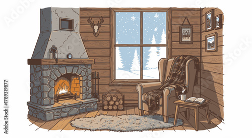 Cozy rustic cabin interior with a warm fireplace, comfortable armchair, and a snowy winter forest view through the window.