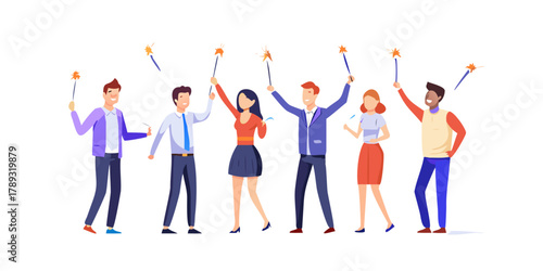 Happy office people with sparklers in hands celebrating New Year. Group of cartoon friends at party, festive corporate scene flat vector illustration. Celebration concept for banner, landing web page
