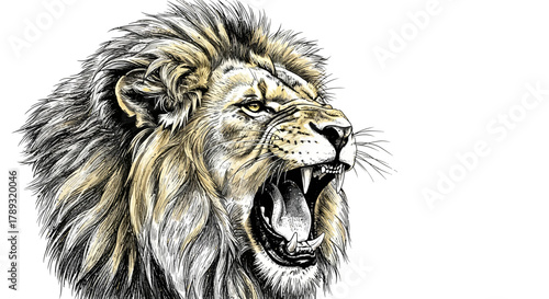 A detailed illustration of a roaring lion with a fierce expression, showing teeth.