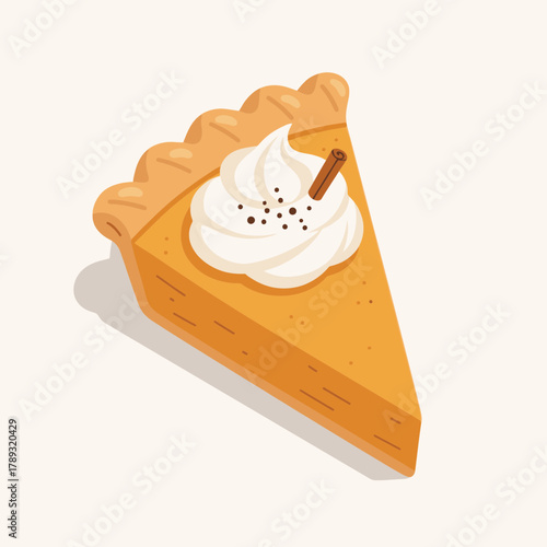 A single slice of pumpkin pie, topped with whipped cream and a cinnamon stick.