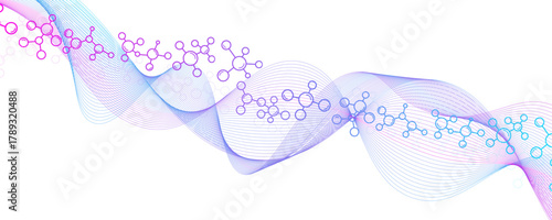 Abstract Molecular Structure with Colorful Wave Lines. DNA helix, DNA strand, DNA Test. Molecule or atom, neurons. Abstract structure for science or medical background, banner.