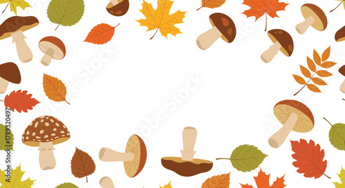 Autumn leaves and mushrooms border a clean white background, capturing the essence of fall nature and harvest season.