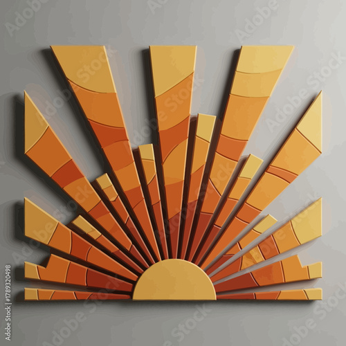 A stylized, geometric representation of a radiant sunburst design, crafted with layered segments.
