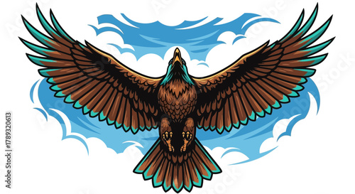 Illustration of a majestic eagle soaring upwards with its wings spread wide against a blue sky with clouds.