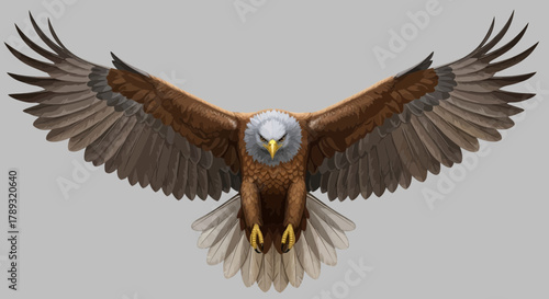 A majestic eagle with outstretched wings soars against a neutral background, showcasing its detailed plumage.