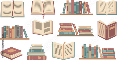 Books, open book, bookshelf, reading, literature, education, study, library, illustration, stack, colorful, organized, academic, decor, design, knowledge, learning, shelf, bookmark, pages