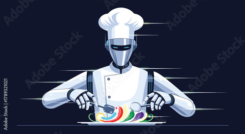 An advanced AI chef robot carefully plates a colorful, gourmet meal, showcasing the precision and innovation of automated culinary arts.