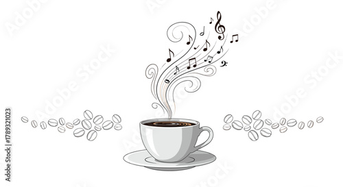 A cup of coffee with rising steam transforming into musical notes and decorative coffee beans at the bottom, symbolizing the harmonious blend of coffee and music.