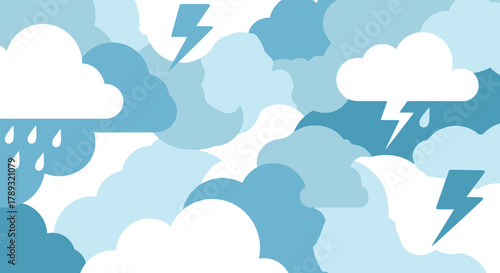 An artistic and repeating graphic of diverse blue and white clouds featuring rain and lightning strikes.