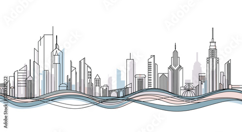 A continuous line art illustration of a modern city skyline with various architectural buildings and abstract wavy lines at the base.