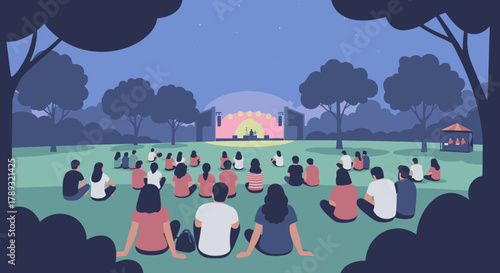Evening outdoor concert scene with audience sitting on the grass, enjoying the performance.