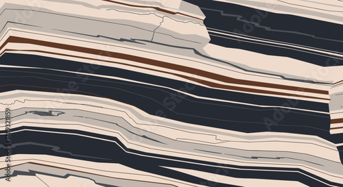 Abstract depiction of layered geological strata, showcasing various rock formations and fault lines in a cross-sectional view.
