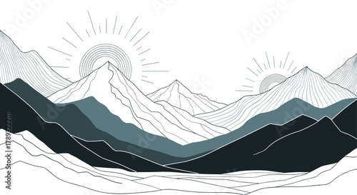 Minimalistic mountain landscape illustration featuring two suns rising or setting over layered peaks in a serene, stylized design.
