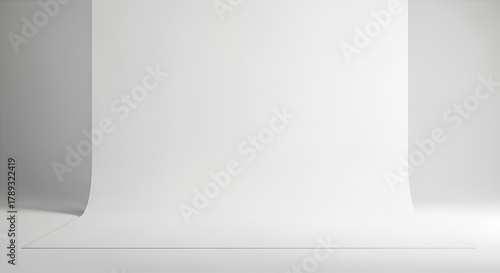 Fototapeta Naklejka Na Ścianę i Meble -  Empty photo studio, white cyclorama background, clean minimalist setup, professional photography backdrop, 3D render, modern bright room, product presentation space
