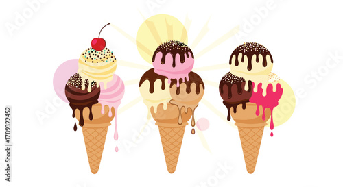 Three vibrant triple-scoop ice cream cones featuring classic flavors, chocolate drizzle, and sprinkles, set against a warm, sunny backdrop.
