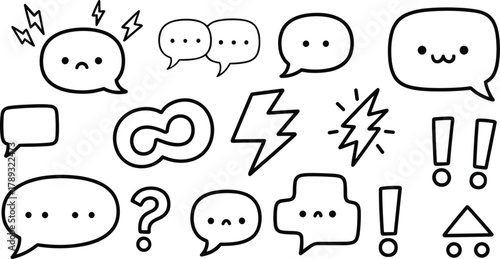 Speech bubble, emoticon, lightning bolt, exclamation mark, question mark, cartoon icon, symbol, sketch, communication, emotion, graphic, vector, comic, playful, abstract, expressive, punctuation, blac