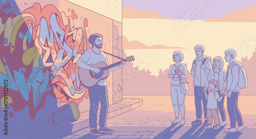 A street musician plays guitar for a small audience against a backdrop of vibrant graffiti art.