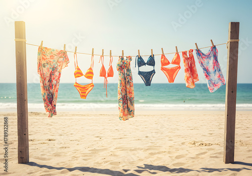 Colorful beachwear drying on clothesline