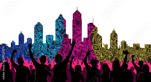 Silhouette of a cheering crowd against a vibrant, abstract city skyline.