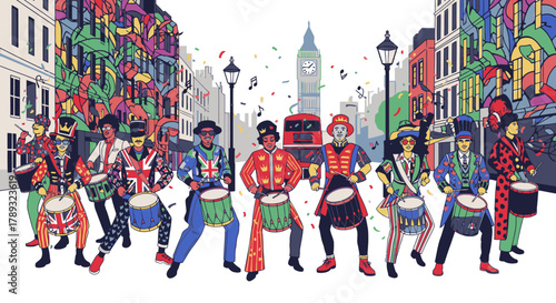 A vibrant illustration of a street parade in London with diverse drummers in colorful costumes and Big Ben in the background.