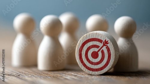 Focus and unity: A group of wooden figures converge with a bullseye, symbolizing strategic alignment and shared objective. Capturing the essence of teamwork and common purpose. 