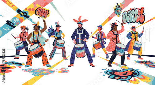 A vibrant illustration of a diverse group of drummers in colorful costumes performing at a street festival with graffiti art.