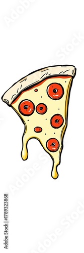 A whimsical pizza slice doodle with melted cheese and pepperoni, playful lines,  slice,  drawing