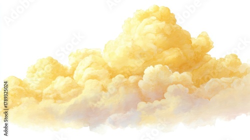 Abstract yellow cloud forms drifting across a clean white field