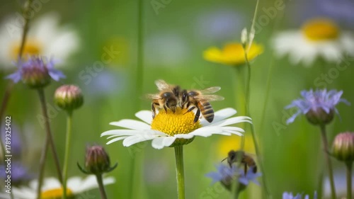 Time-lapse of bees pollinating wildflowers in meadow