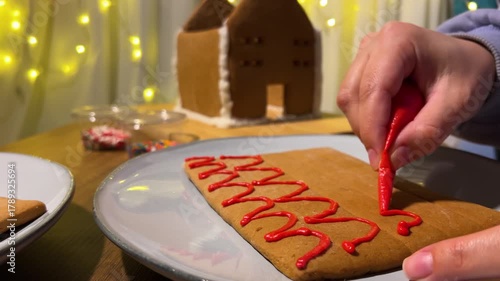 Horizontal 4K video close up. 60 fps. Woman draws red wave pattern on brown gingerbread cookie in plate on table. Female hand with plastic bag with edible paint. Winter holidays, New Year. Sweet food