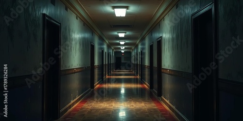 Long, dimly lit hotel corridor with ominous shadows, peeling wallpaper,  scary,  isolated