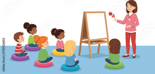 Cartoon Teacher Introducing Alphabet to Children in Classroom, Joyful Mood, One-Panel Early Learning and Education Vector Illustration Design