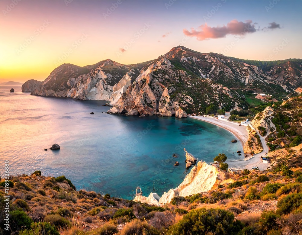 Fototapeta premium Bay with majestic cliffs, clear water, and colorful sunrise