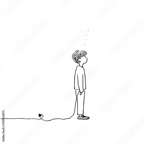 Minimalist line art drawing of a boy with plug looking up at dots simple illustration concept art design