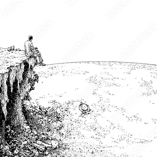 Man sitting on cliff edge illustration drawing sketch art print contemplation solitude landscape artwork