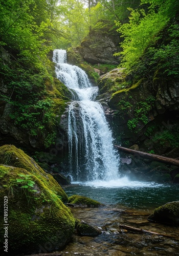 A powerful cascade of crystal clear water rushes over mossy rocks in a lush, green forest environment, symbolizing natural beauty ,beautiful ,rocks ,stream