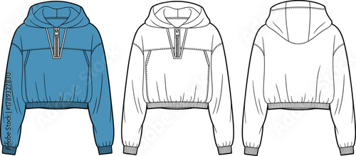 Blue cropped half zip hoodie front and back view, fashion sketch, sweatshirt template, apparel design, clothing mockup, casual wear