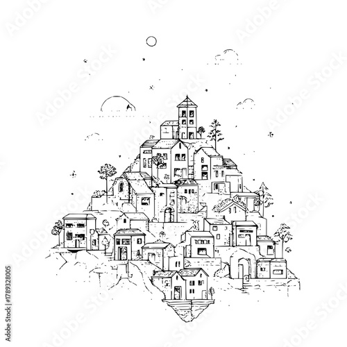 Detailed line art drawing of a hilltop village landscape architecture illustration with buildings and trees
