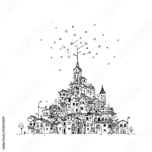 Detailed ink sketch of an italian hilltop village with old buildings and charming architecture drawing art