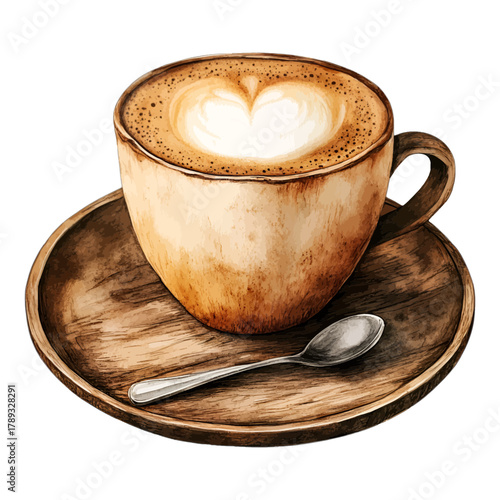 Watercolor Coffee Cup with Heart Latte Art on Wooden Saucer Vector
