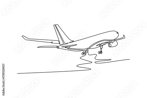 Aircraft landing on the runway, flight before touching the asphalt. Landing and take off plane concept. Single line draw design. Vector graphic illustration