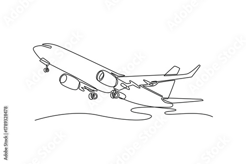 Airlines Boeing taking off at full speed. Landing and take off plane concept. Single line draw design. Vector graphic illustration
