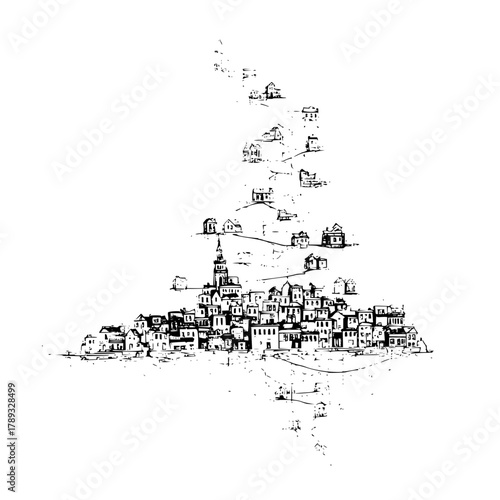 Cityscape sketch drawing of old town architecture with tower and houses black and white artistic illustration